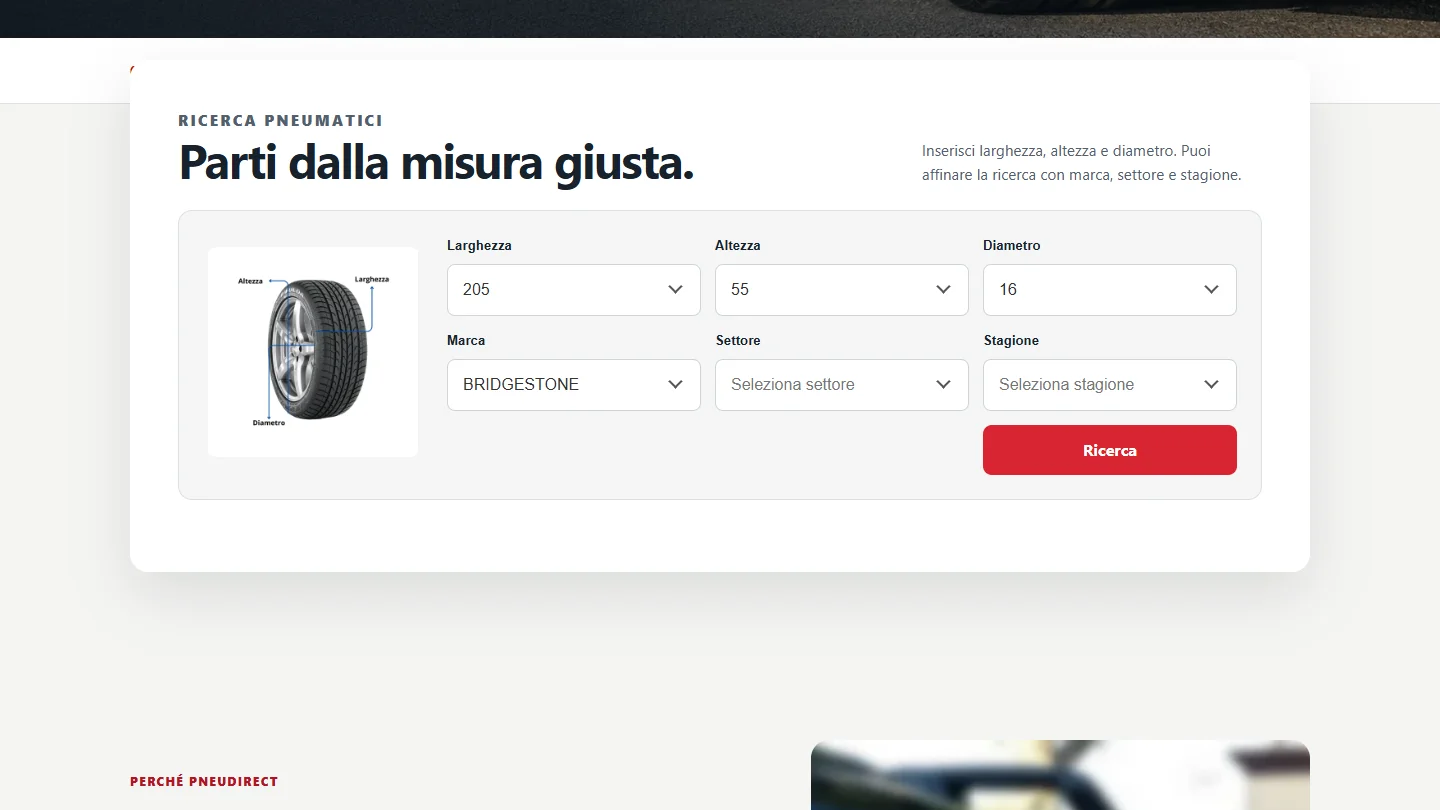 Il configuratore PneuDirect con misure e marca Bridgestone selezionate
